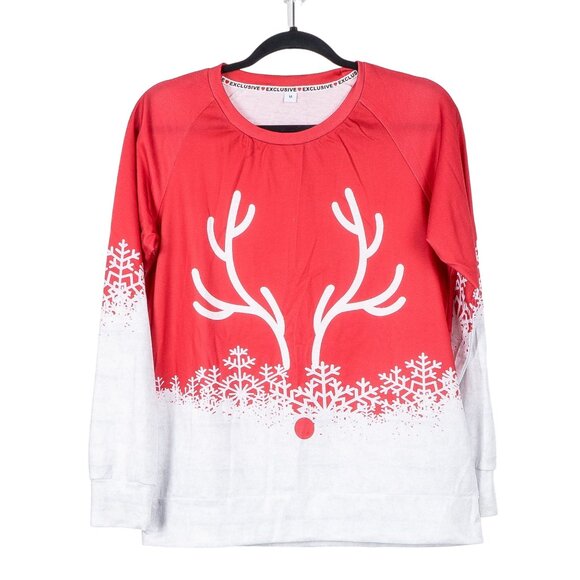 Reindeer Sweatshirt M Womens Snowflakes Red White Nose Horns - Picture 1 of 6